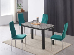 Furnizone UK Milano 4-Seater Grey Marble-Effect Glass Dining Table And 4 Monza Green Velvet Chairs