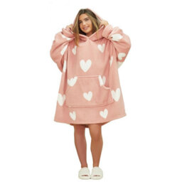 OHS Heart Print Hoodie Blanket Oversized Fleece Sherpa Throw