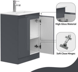 Belofay Denvor Grey 600mm Floor Standing Bathroom Vanity Unit With Basin - Laquered Cloakroom Vanity Unit With 1 Tap Hole Ceramic - thumbnail 5
