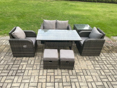 Fimous Outdoor Rattan Garden Furniture Lounge Sofa Set With Oblong Rectangular Dining Table 2 Small Footstool - image 1