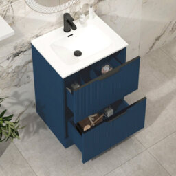 Royal Bathrooms Evora 700mm Midnight Blue Fluted Floor Standing Vanity Unit 2 Drawer With Ceramic Basin & Matt Black Handles - thumbnail 4