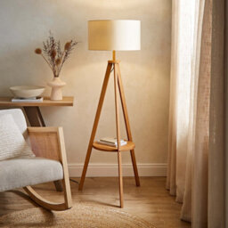 ValueLights Morrigan Mid Wood Shelf Floor Lamp With Cream Shade