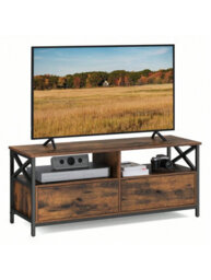 Songmics Vasagle Tv Cabinet Tv Unit For 55-Inch Tv, Living Room, With 2 Drawers, 2 Storage Shelves, Steel Frame, Rustic Brown And Black - thumbnail 3