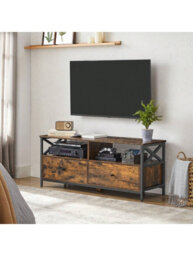 Songmics Vasagle Tv Cabinet Tv Unit For 55-Inch Tv, Living Room, With 2 Drawers, 2 Storage Shelves, Steel Frame, Rustic Brown And Black