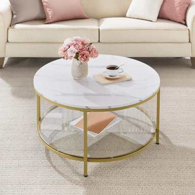 Songmics Vasagle Large Coffee Table, Sofa Cocktail Table, Living Room Marble Round, Tempered Glass, Modern, Marble White & Metallic Gold - image 1