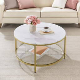 Songmics Vasagle Large Coffee Table, Sofa Cocktail Table, Living Room Marble Round, Tempered Glass, Modern, Marble White & Metallic Gold
