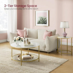 Songmics Vasagle Large Coffee Table, Sofa Cocktail Table, Living Room Marble Round, Tempered Glass, Modern, Marble White & Metallic Gold - thumbnail 3