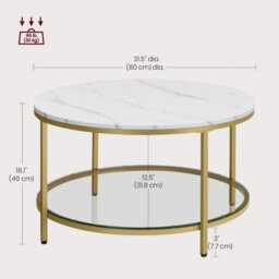 Songmics Vasagle Large Coffee Table, Sofa Cocktail Table, Living Room Marble Round, Tempered Glass, Modern, Marble White & Metallic Gold - thumbnail 2
