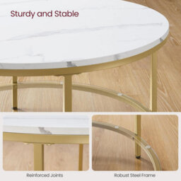 Songmics Vasagle Large Coffee Table, Sofa Cocktail Table, Living Room Marble Round, Tempered Glass, Modern, Marble White & Metallic Gold - thumbnail 5