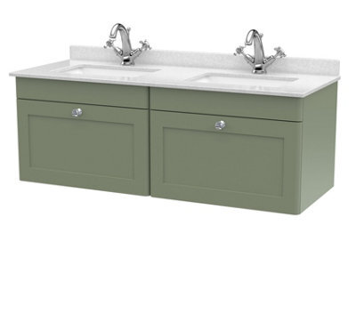 Balterley Swynnerton Traditional 2 Drawer Wall Hung Vanity Unit With Double Marble Basin, Satin Green, 1200mm - image 1