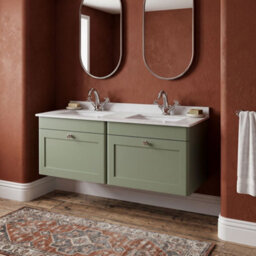 Balterley Swynnerton Traditional 2 Drawer Wall Hung Vanity Unit With Double Marble Basin, Satin Green, 1200mm - thumbnail 2