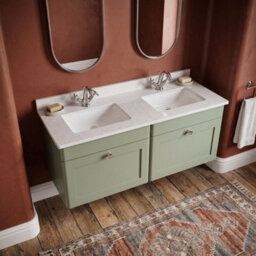 Balterley Swynnerton Traditional 2 Drawer Wall Hung Vanity Unit With Double Marble Basin, Satin Green, 1200mm - thumbnail 3
