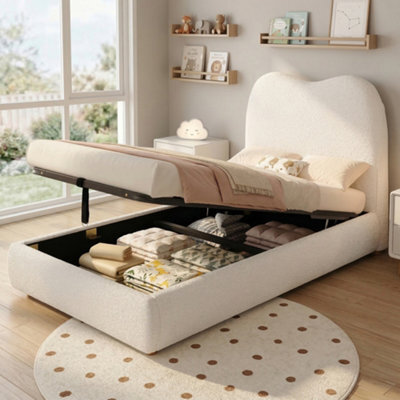 Matteo Children's Single Ottoman Bed Frame With Hydraulic Storage & Upholstered Bouclé Headboard, Beige - image 1