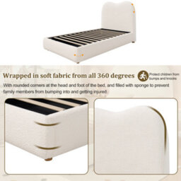 Matteo Children's Single Ottoman Bed Frame With Hydraulic Storage & Upholstered Bouclé Headboard, Beige - thumbnail 6