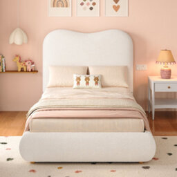 Matteo Children's Single Ottoman Bed Frame With Hydraulic Storage & Upholstered Bouclé Headboard, Beige - thumbnail 3