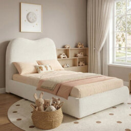 Matteo Children's Single Ottoman Bed Frame With Hydraulic Storage & Upholstered Bouclé Headboard, Beige - thumbnail 2