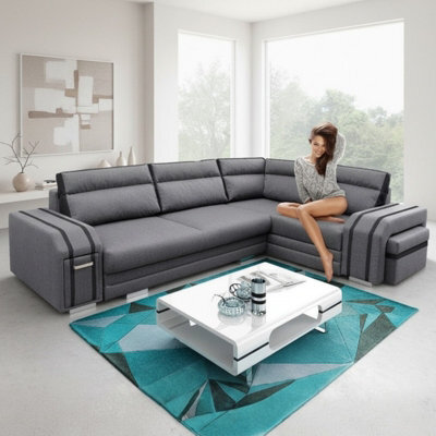 Avatar Corner Sofa Bed With Pouffe Cocktail Cabinet Foam Cushions Sinuous Springs Wood Frame 300X200Cm Grey And Graphite Right - image 1
