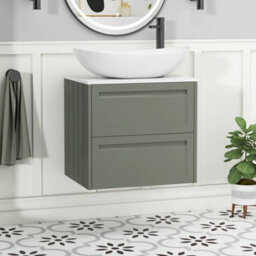 Royal Bathrooms Royal Bathroom Elmore 600mm Matt Green Wall Mounted Bathroom Vanity Unit 2 Drawer Plain White Worktop With Cesar Basin - thumbnail 1