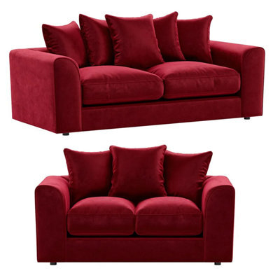 Furnishings For Less UK Brooklyn Plush Velvet Fibre Fabric Sofa Set 3 And 2 Seater Sofa Red - image 1