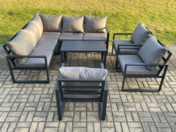 Fimous 8 Seater Aluminium Outdoor Garden Furniture Set Patio Lounge Sofa With Oblong Coffee Table Chair Dark Grey - thumbnail 2