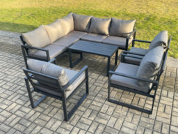 Fimous 8 Seater Aluminium Outdoor Garden Furniture Set Patio Lounge Sofa With Oblong Coffee Table Chair Dark Grey - thumbnail 1