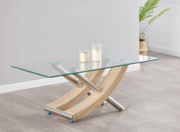 Modernique Nuovo Coffee Table, Tempered Clear Glass Top With Cross Leg In Oak - thumbnail 6