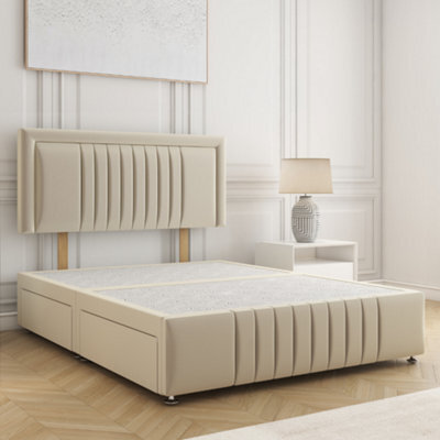 Bsspoke Lily Divan Bed Set In Cream Plush Velvet 24Inch Headboard & Footboard 2 Drawers Same Side & No Mattress In All Sizes - image 1