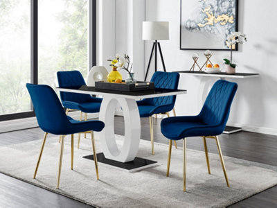 Furniturebox Giovani Rectangular 4 Seat White High Gloss Unique Halo Base Dining Table Black Glass Top 4 Navy Velvet Gold Leg Pesaro Chairs - image 1