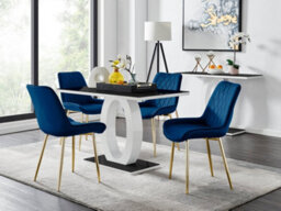 Furniturebox Giovani Rectangular 4 Seat White High Gloss Unique Halo Base Dining Table Black Glass Top 4 Navy Velvet Gold Leg Pesaro Chairs