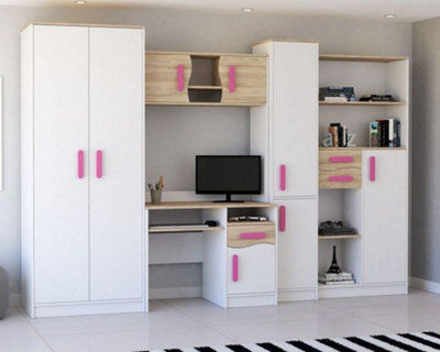 Mathias Youth Bedroom Furniture Set White/pink 5 Piece Wardrobe Desk Bookcase Wall Shelf And Storage - image 1