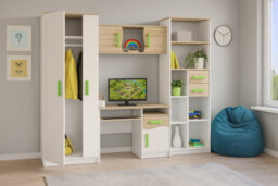 Mathias Youth Bedroom Furniture Set White/pink 5 Piece Wardrobe Desk Bookcase Wall Shelf And Storage - thumbnail 3