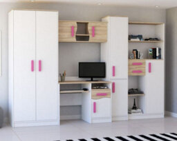 Mathias Youth Bedroom Furniture Set White/pink 5 Piece Wardrobe Desk Bookcase Wall Shelf And Storage