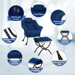 Modern Soft Lounge Chair Set, Ottoman, Upholstered Sofa With Armrests, Side Pocket, Living Room Seating, Green - thumbnail 3