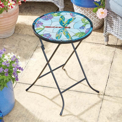 Smart Garden Glass Folding Table With Hand Painted Dragonfly Design 35.5 X 35.5 X 50Cm