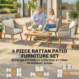 Outsunny 4 Piece Rattan Garden Furniture Set W/ Thick Cushions, Cream White - thumbnail 4