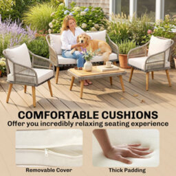 Outsunny 4 Piece Rattan Garden Furniture Set W/ Thick Cushions, Cream White - thumbnail 7