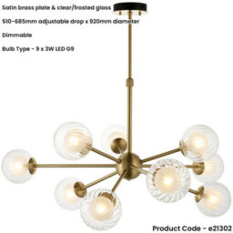 Loops Multi Arm Hanging Ceiling Pendant Light - Satin Brass Plate & Clear/frosted Glass Shade - 9 X 3W Led G9 - thumbnail 2