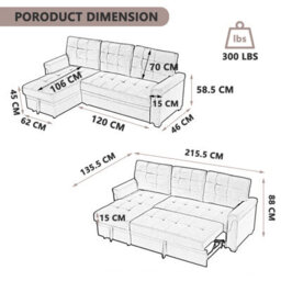 Corner Sofa Bed, L-Shaped Corner Sofa Bed With Storage, Settee Sleep Reversible Storage Chaise - Linen Dark Gray - thumbnail 8