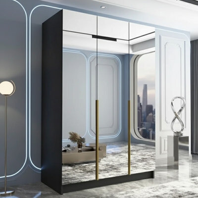 Calia Iii 150Cm Three Door Wardrobe Modern Mirror Front With Contoured Profile Shelves Hanging Rail Black Gold - image 1