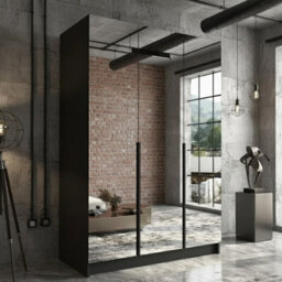Calia Iii 150Cm Three Door Wardrobe Modern Mirror Front With Contoured Profile Shelves Hanging Rail Black Gold - thumbnail 2