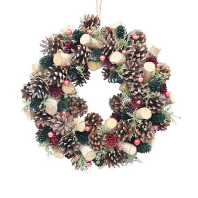 Urbn-Living Urbnliving 34Cm Red, Green & Wood Wreath Festive Decoration With Jute Hanger Traditional Pinecone Décor - image 1