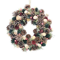 Urbn-Living Urbnliving 34Cm Red, Green & Wood Wreath Festive Decoration With Jute Hanger Traditional Pinecone Décor