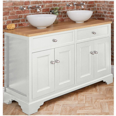 Homestylestore 1210mm Antique White And Oak Bathroom Vanity Unit With Round Countertop Basins And Chrome Round Handles - image 1