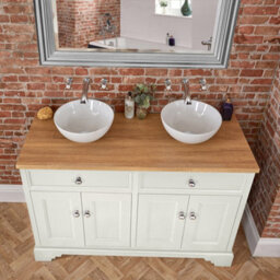 Homestylestore 1210mm Antique White And Oak Bathroom Vanity Unit With Round Countertop Basins And Chrome Round Handles - thumbnail 2