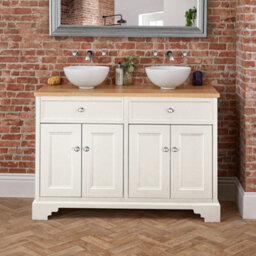 Homestylestore 1210mm Antique White And Oak Bathroom Vanity Unit With Round Countertop Basins And Chrome Round Handles - thumbnail 3