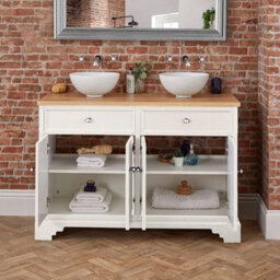 Homestylestore 1210mm Antique White And Oak Bathroom Vanity Unit With Round Countertop Basins And Chrome Round Handles - thumbnail 4