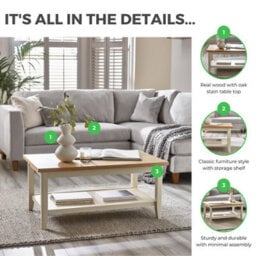Furniturebox Uk Wood Coffee Table - Eden Wooden Coffee Table - Pale Oak Veneer Top & Cream Legs - Rustic Farmhouse Coffee Table - thumbnail 6