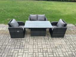 Fimous Wicker Pe Rattan Furniture Garden Dining Set Outdoor Patio Height Adjustable Rising Lifting Table With Reclining Chair - thumbnail 1