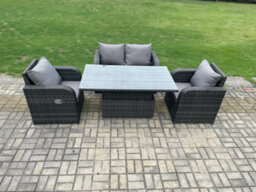 Fimous Wicker Pe Rattan Furniture Garden Dining Set Outdoor Patio Height Adjustable Rising Lifting Table With Reclining Chair - thumbnail 2