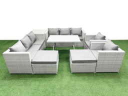 Fimous 10 Seater Garden Furniture Set Pe Ratten Garden Sofa Set With Rectangular Dining Table 2 Big Stool Side Table Light Grey - thumbnail 1